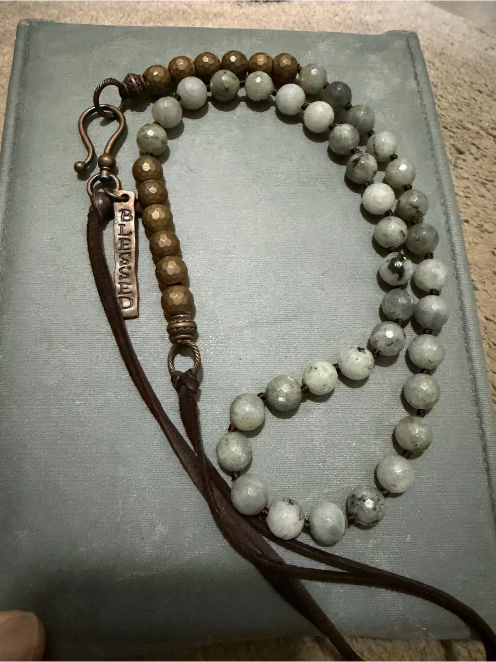 Beaded Pendant Necklace in Grey Green and Bronze - Women Accessories